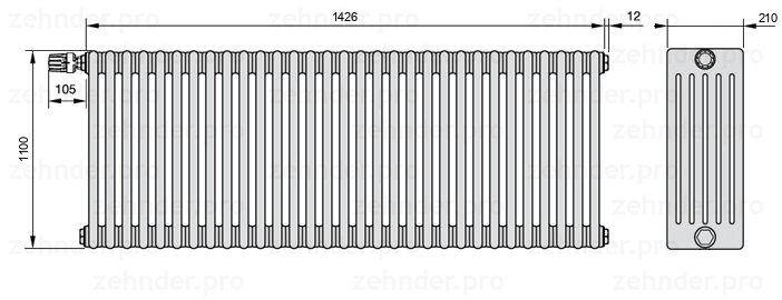 Схема (чертеж) Радиатор Zehnder Charleston 6110/31 №V012 Белый глянцевый RAL 9016